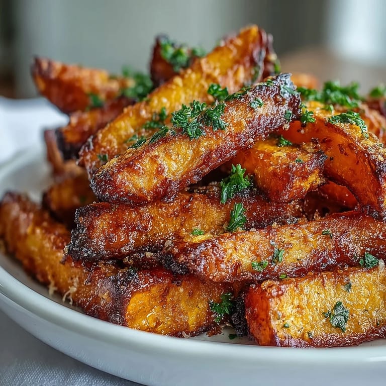 Oven-roasted butternut squash fries, coated in Parmesan, ready for dipping.
