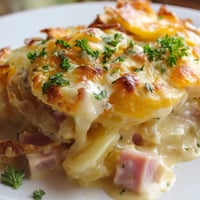 Golden-brown Scalloped Potatoes with Ham bubbling in a creamy Gruyère sauce, topped with melted cheese and fresh parsley.