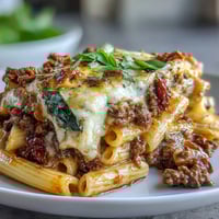 Hearty Italian beef and pasta bake, topped with melted mozzarella and herbs.
