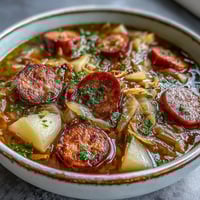 Steaming bowl of homemade Sausage, Potato and Cabbage Soup with chunks of tender potato and sliced kielbasa.