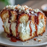 Freshly baked Caramel Cream Cheese Bread with gooey caramel ribbons and a creamy center on a rustic cutting board. 