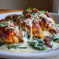 Creamy Tuscan Chicken Skillet with golden chicken in a rich garlic cream sauce, sun-dried tomatoes, and fresh spinach.
