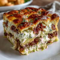 Savory Italian Easter Pie with ricotta and salami, golden pastry crust encasing a rich, creamy filling speckled with diced salami.