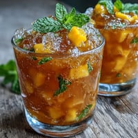A vibrant pitcher of mango peach iced tea with fresh mint leaves, served over ice with fruit slices.
