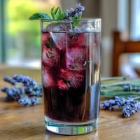 A tall glass of iced lavender lemonade with fresh mint, garnished with lemon slices and mint sprigs.