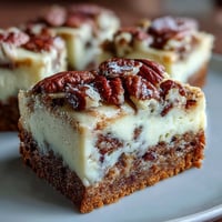 Creamy carrot cake cheesecake bars with a rich swirl of spiced carrot cake and smooth vanilla cheesecake, topped with crunchy walnuts.