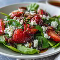Spring Strawberry Spinach Salad with creamy goat cheese, sweet strawberries, and crunchy candied pecans, dressed in tangy balsamic vinaigrette.