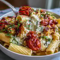 Creamy baked feta pasta with roasted cherry tomatoes and fresh basil, perfect for a quick and flavorful weeknight dinner.
