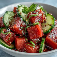 Vibrant watermelon cucumber salad with Tajin and lime, featuring juicy cubes, crisp slices, and a zesty Mexican-inspired seasoning blend.  