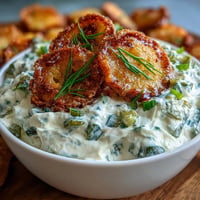 Creamy fried pickle dip with crispy garnish and a ranch swirl.