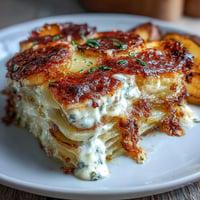 Golden brown Light Dauphinois Potato Gratin bubbling from the oven.