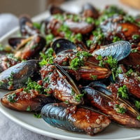 Steamed garlic butter mussels glistening in a rich, inviting sauce with fresh parsley.