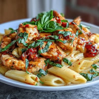 Creamy tomato basil chicken pasta with tender chicken nestled in rich sauce.