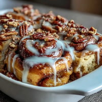 Warm peach cobbler cinnamon roll casserole topped with sweet icing.