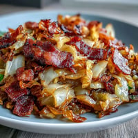 Tender fried cabbage with crispy bacon and sweet onions, a Southern delight.