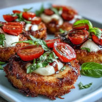 Golden crispy rice Caprese salad with juicy tomatoes, fresh mozzarella, and basil.
