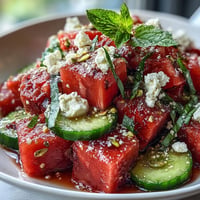 Vibrant Watermelon Feta Crunch Salad, topped with savory pistachio dukkah.