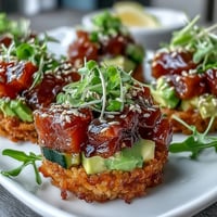 Crispy rice tuna poke cups appetizer, perfectly golden and bursting with fresh flavors.