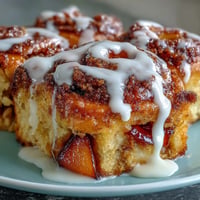 Gooey Peach Cobbler Cinnamon Roll Bake topped with sweet icing, a comforting dessert.