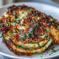 Caramelized Garlic Parmesan Cabbage Steaks roasted beautifully with bubbly golden cheese.