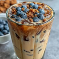 Creamy cold foam tops refreshing blueberry muffin iced coffee, garnished with berries.
