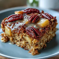 Warm Maple Pecan Apple Baked Oatmeal with golden crust and crunchy topping.